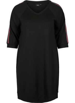 3/4 sleeve dress with track stripe, Black, Packshot image number 0