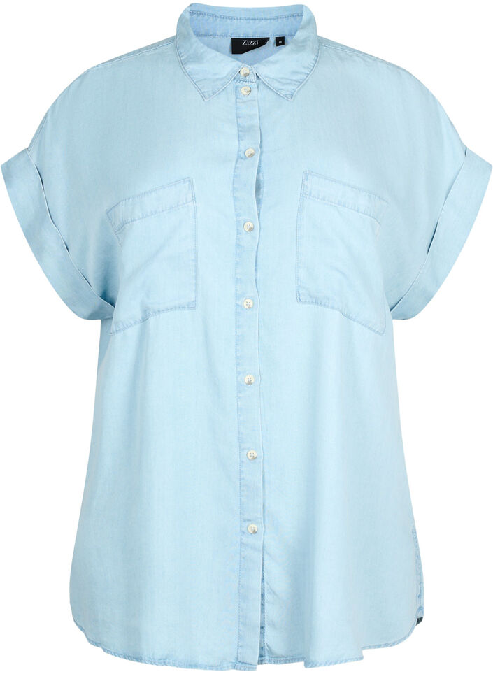 Short-sleeved shirt in lyocell (TENCEL™), Light blue denim, Packshot image number 0