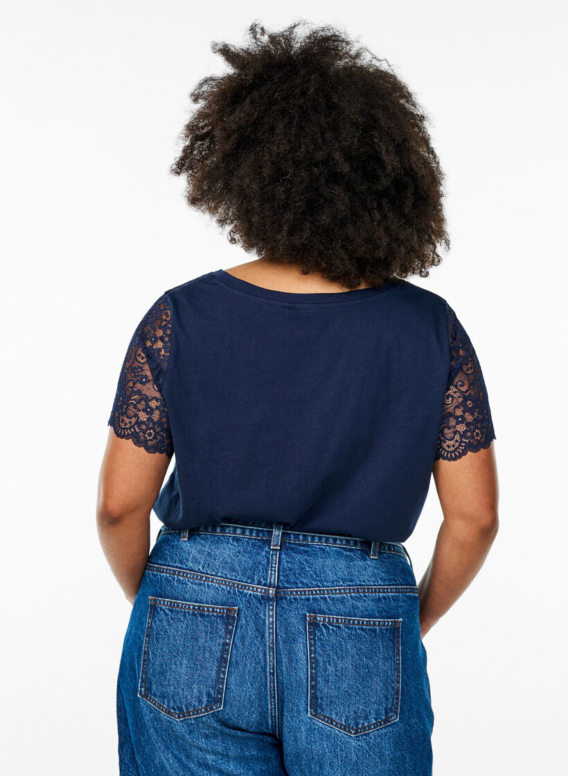 Cotton t-shirt with short lace sleeves, Blue, Model image number 2