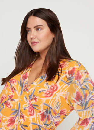 Floral wrap dress with 3/4-length sleeves, Cadmium Yellow AOP, Model image number 2