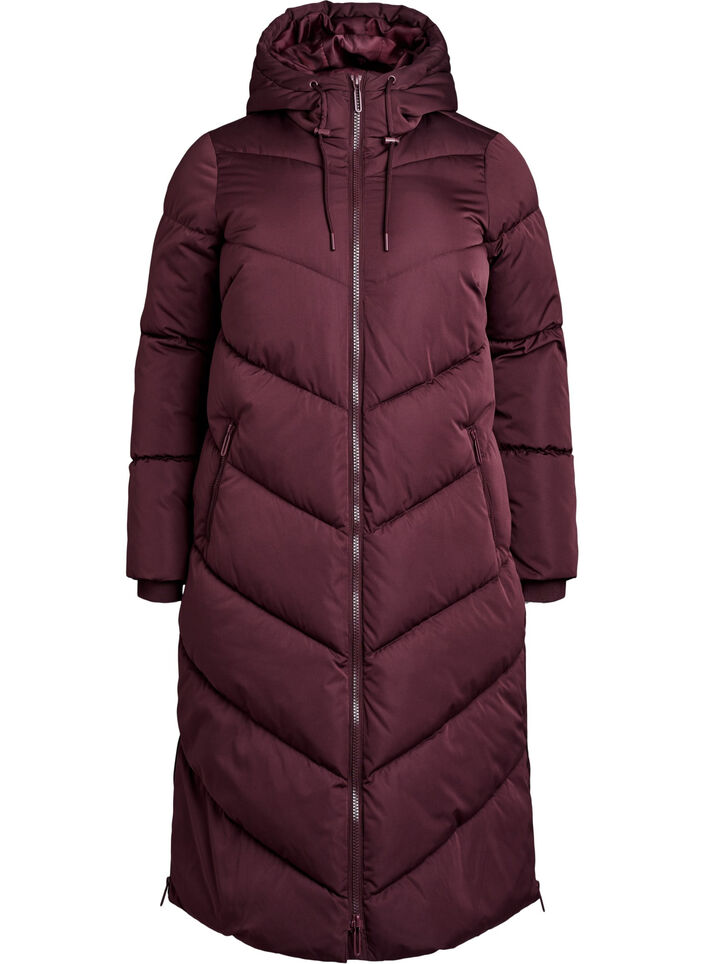 Long puffer coat with hood and pockets, Dark Bordeaux, Packshot image number 0