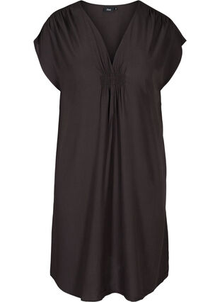 Short-sleeved viscose dress with smock detail, Licorice, Packshot image number 0