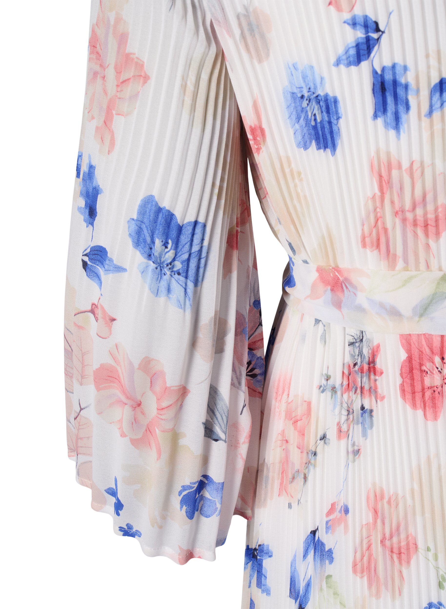 Zizzifashion Floral pleated dress with drawstring, White/Blue Floral, Packshot image number 3