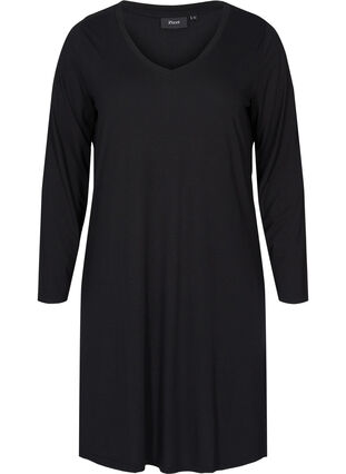 Solid colour long-sleeved dress with V-neck, Black, Packshot image number 0