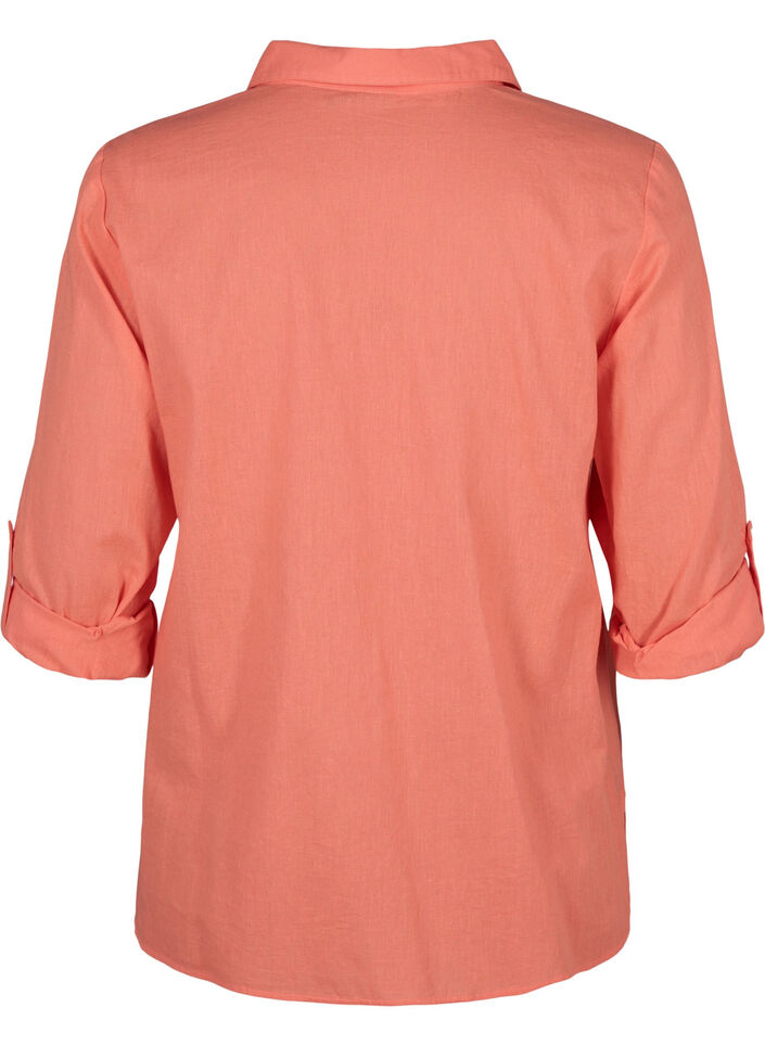 Shirt blouse with button closure in cotton-linen blend, Living Coral, Packshot image number 1