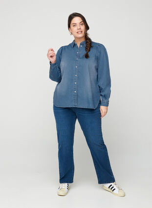 Denim shirt with puff sleeves, Blue denim, Model image number 3