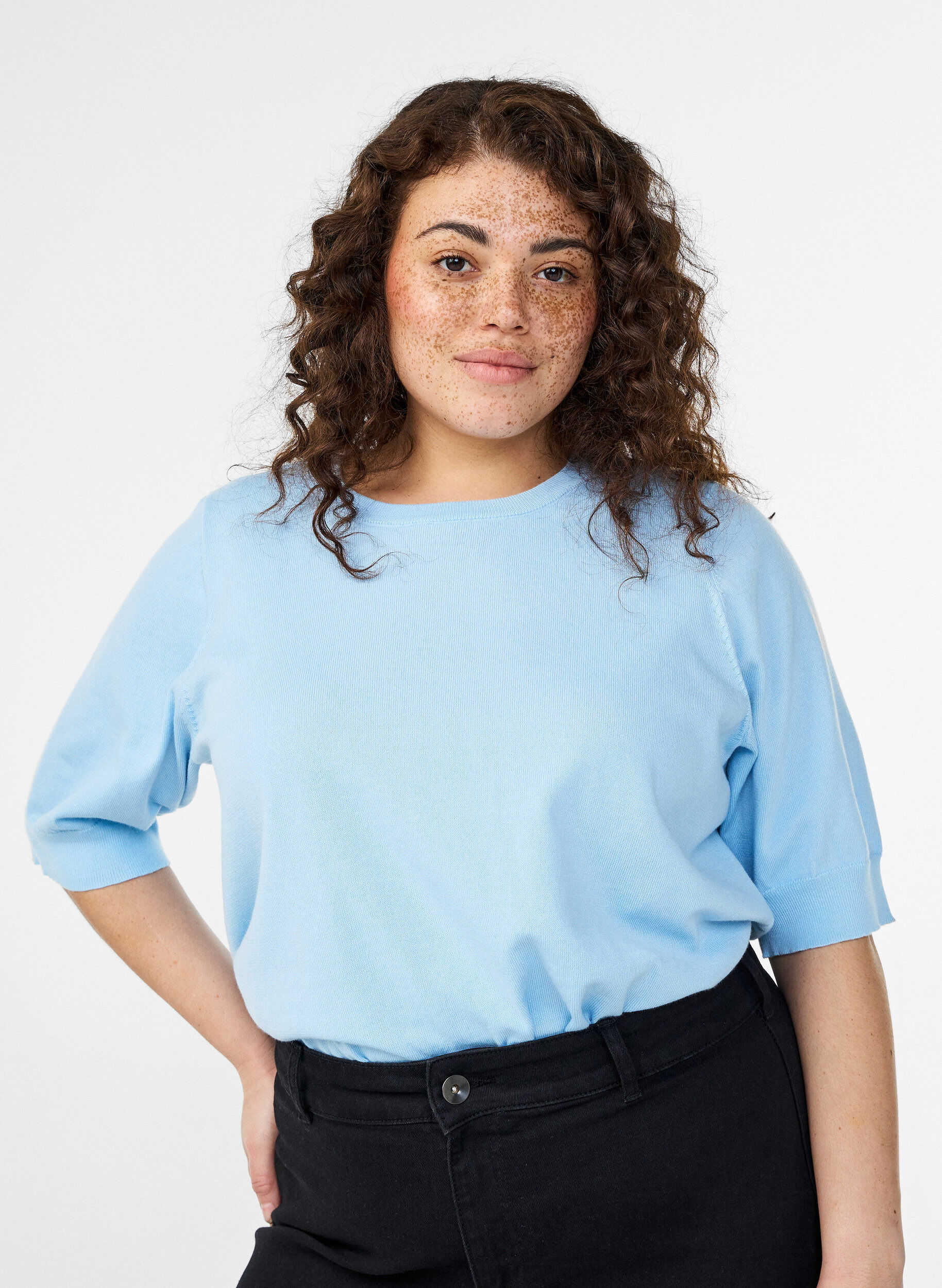 ZizzifashionFine-knit blouse with short sleeves, Light Blue, Model image number 0