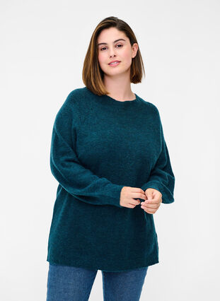 Knitted blouse with rib trim and round neckline, Reflecting Pond Mel., Model image number 0