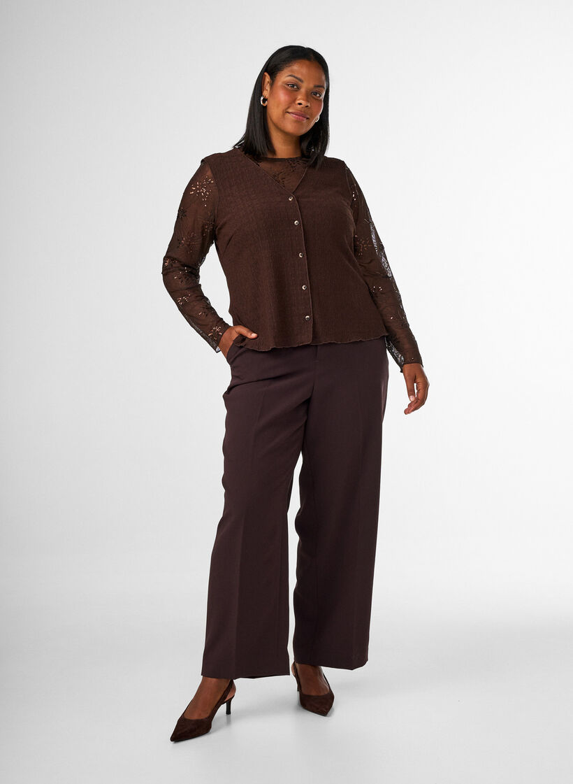Sleeveless top with a wavy texture and button fastening, Brown, Model image number 1