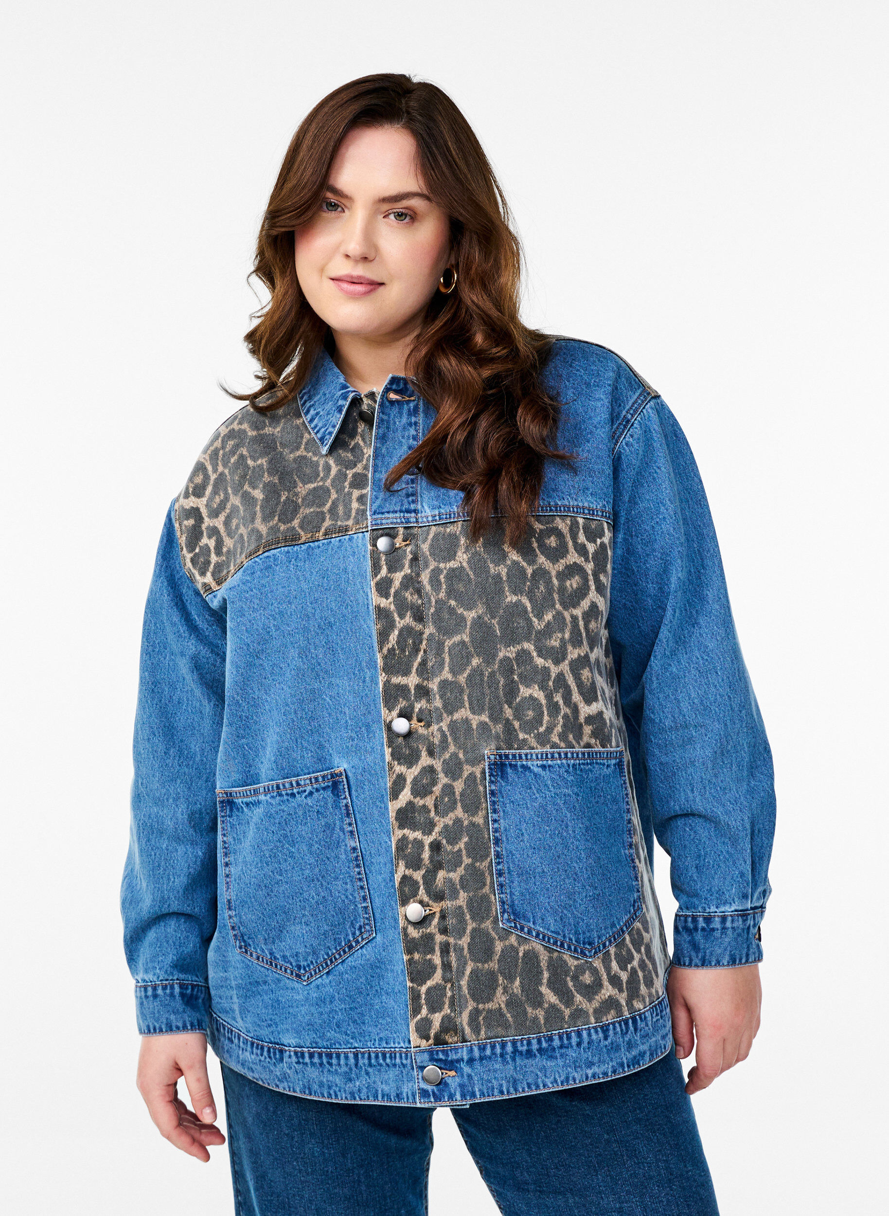 Zizzifashion Denim shirt with leopard print details, Blue, Model image number 0