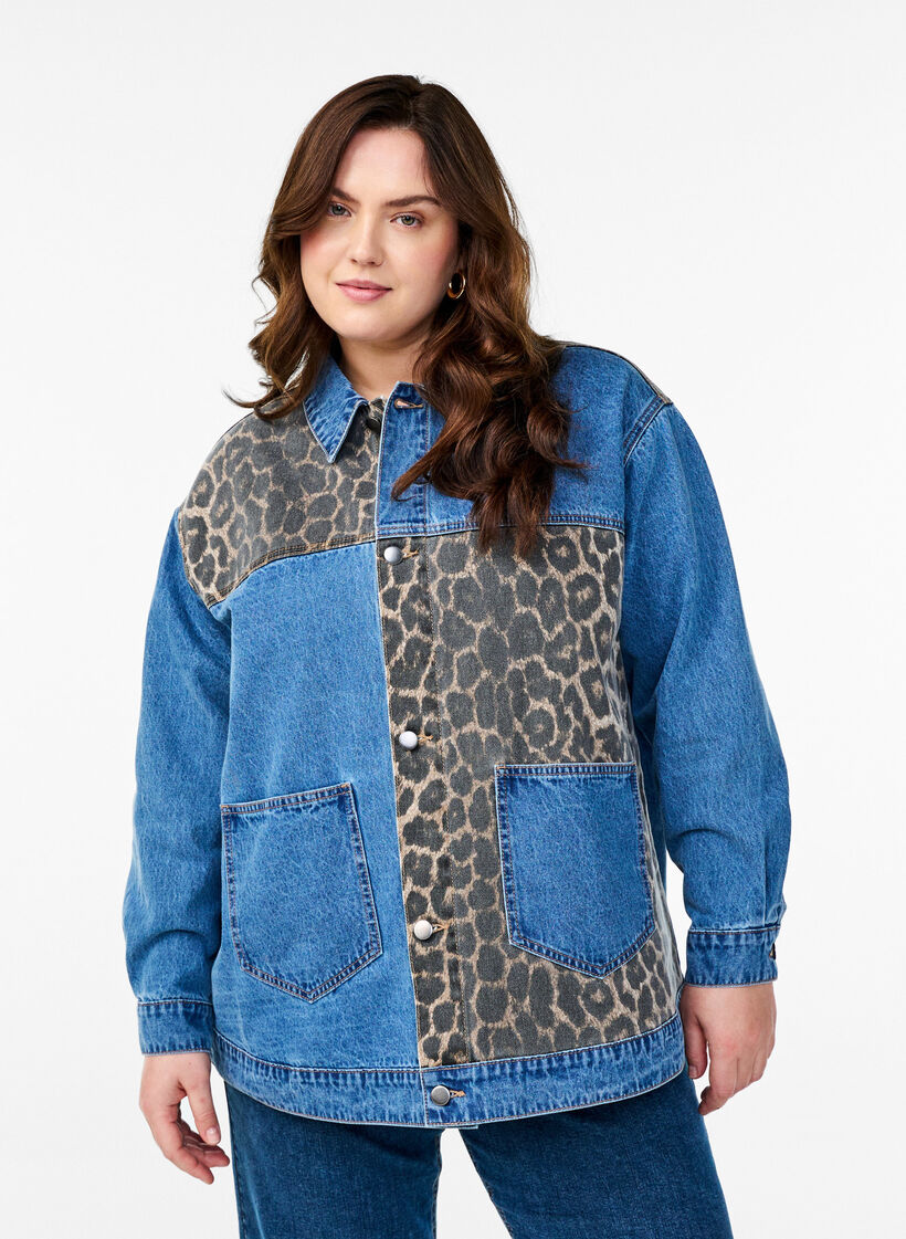 Denim shirt with leopard print details, Blue, Model image number 0
