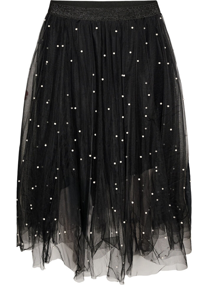 Tulle midi skirt with pearls, Black, Packshot image number 0