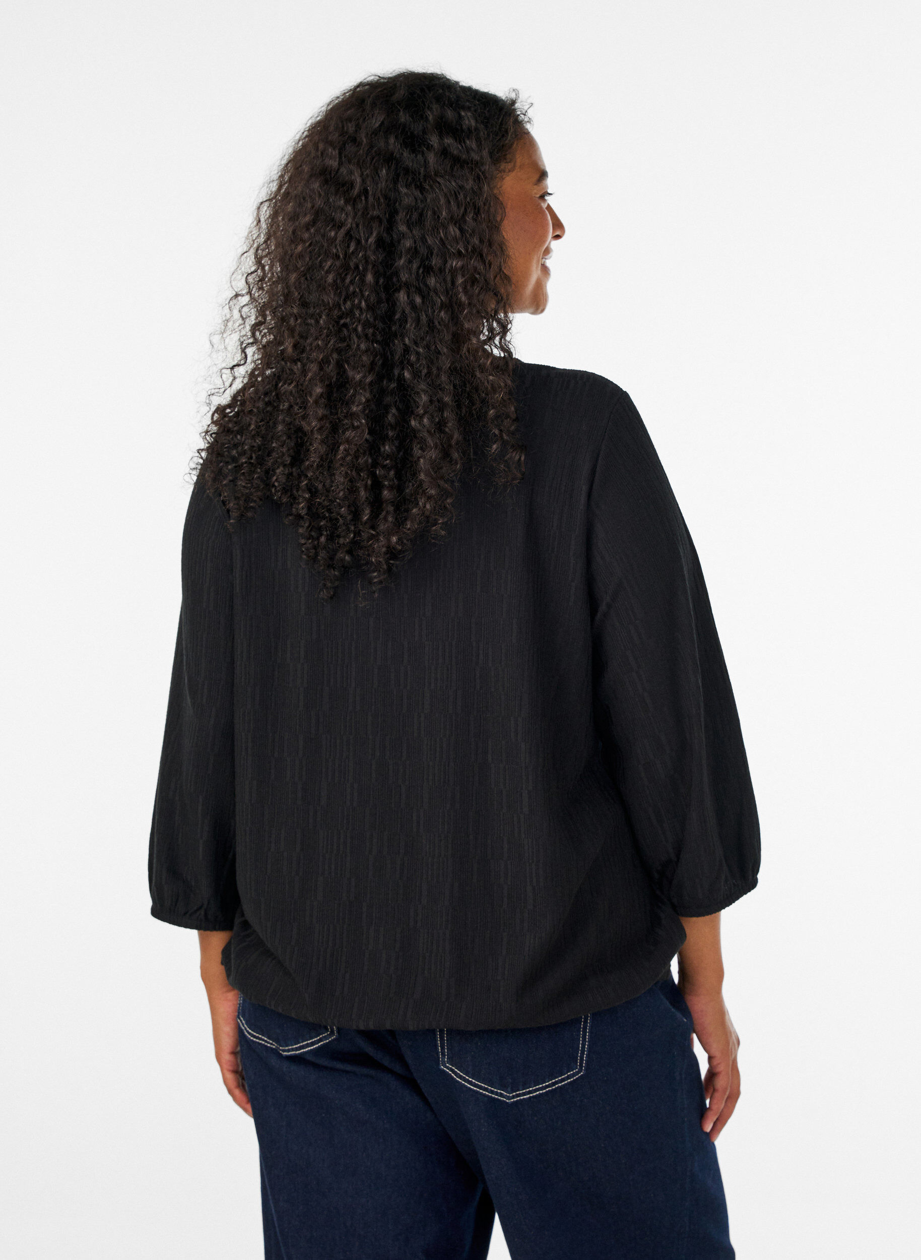 ZizzifashionBlouse with texture and 3/4 sleeves, Black, Model image number 2
