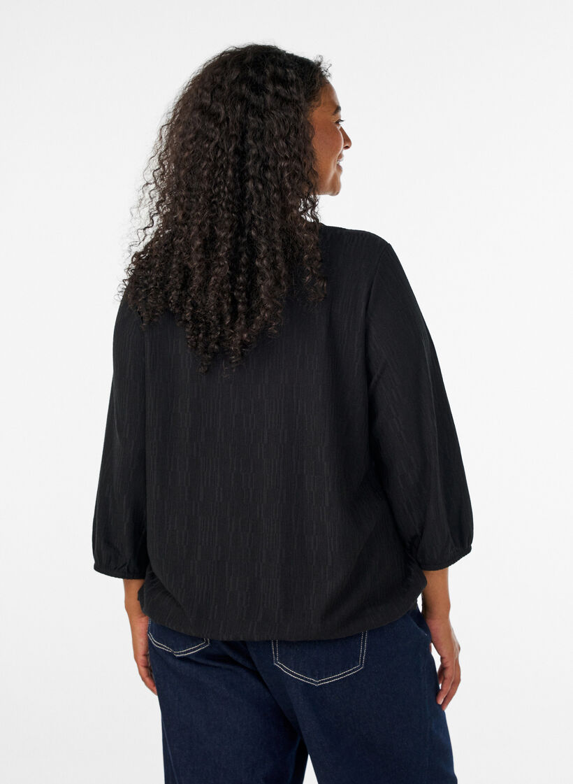 Blouse with texture and 3/4 sleeves, Black, Model image number 2