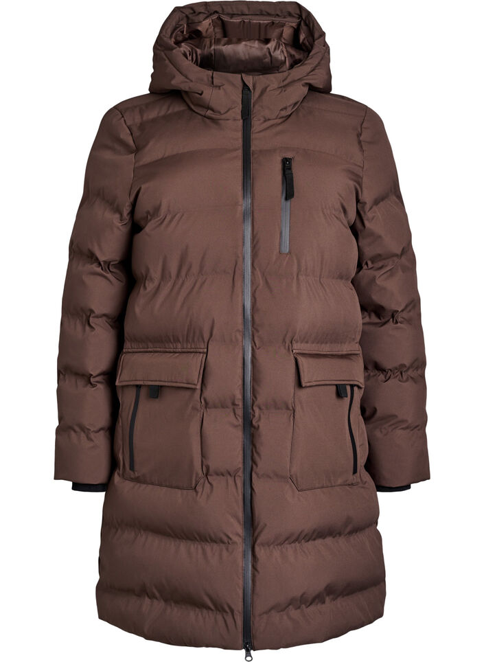 Puffer coat with hood and pockets, Brown, Packshot image number 0
