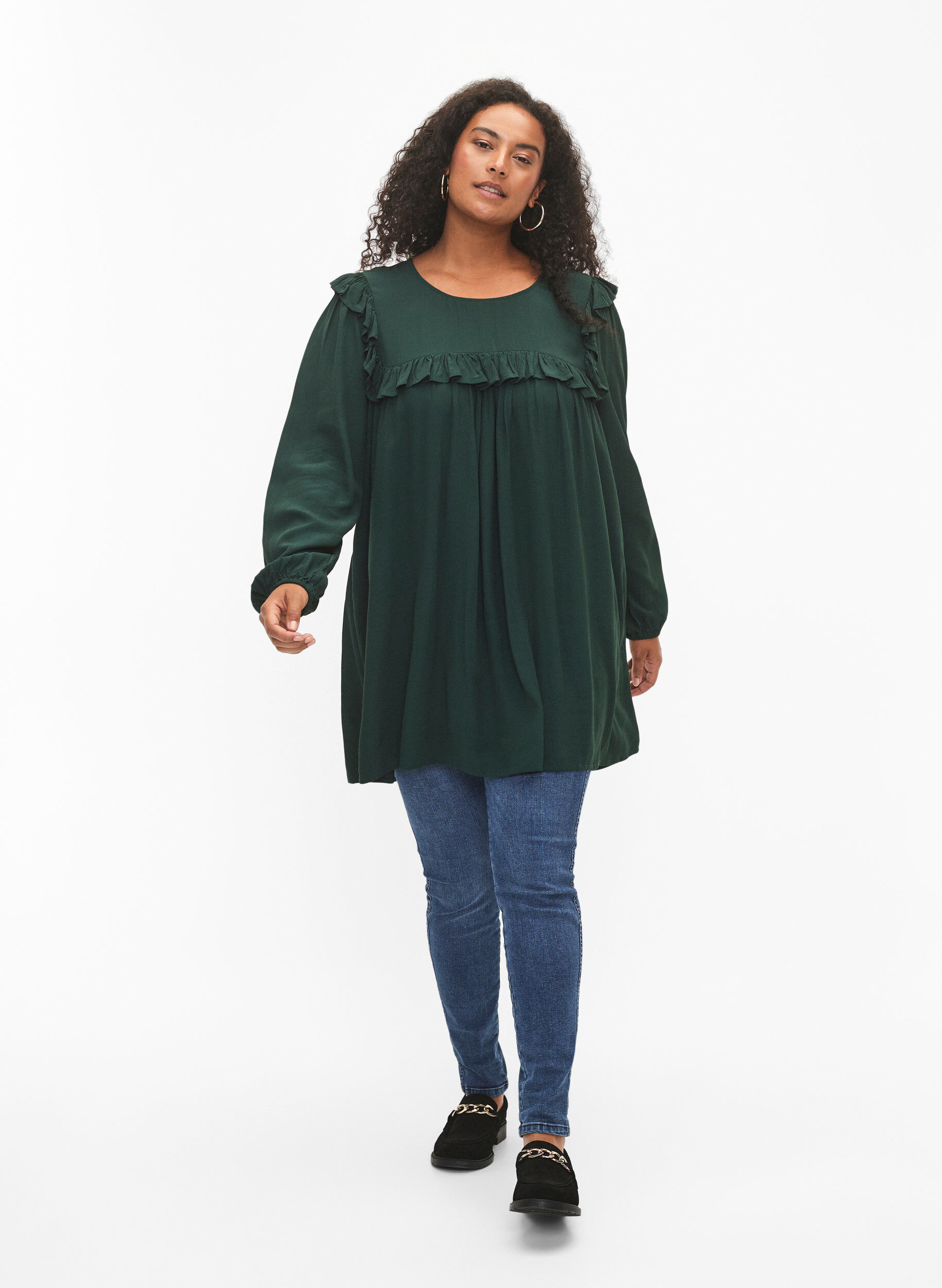 Zizzifashion Viscose tunic with ruffles, Scarab, Model image number 2