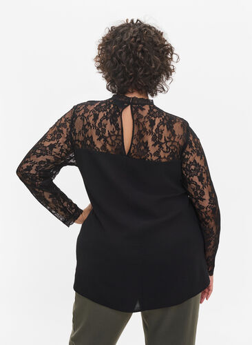 Long-sleeved viscose blouse with lace, Black, Model image number 1