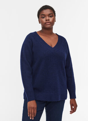 Marled, v-neck knitted blouse in a wool blend, Dark Blue Mel., Model image number 0