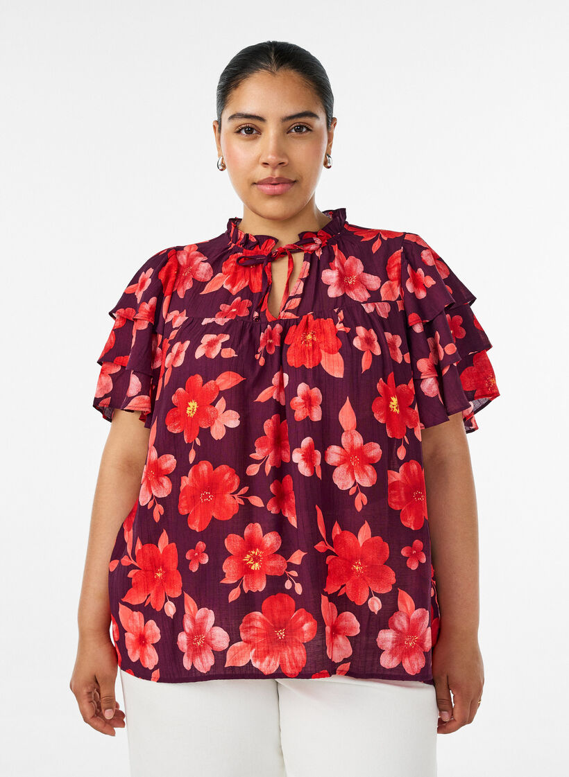 Floral viscose blouse with ruffle sleeves, Purple, Model image number 0