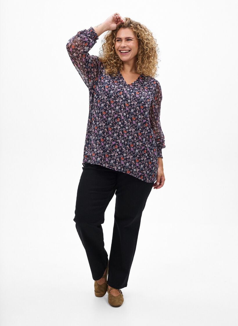 Blouse with floral print and glitter thread, Blue, Model image number 1