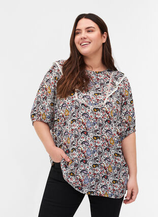 Printed viscose blouse with short sleeves, Powder Puff AOP, Model image number 0