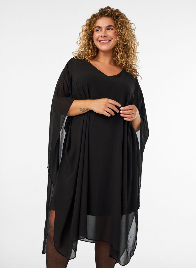 Short chiffon dress with V-neck, Black, Model image number 2