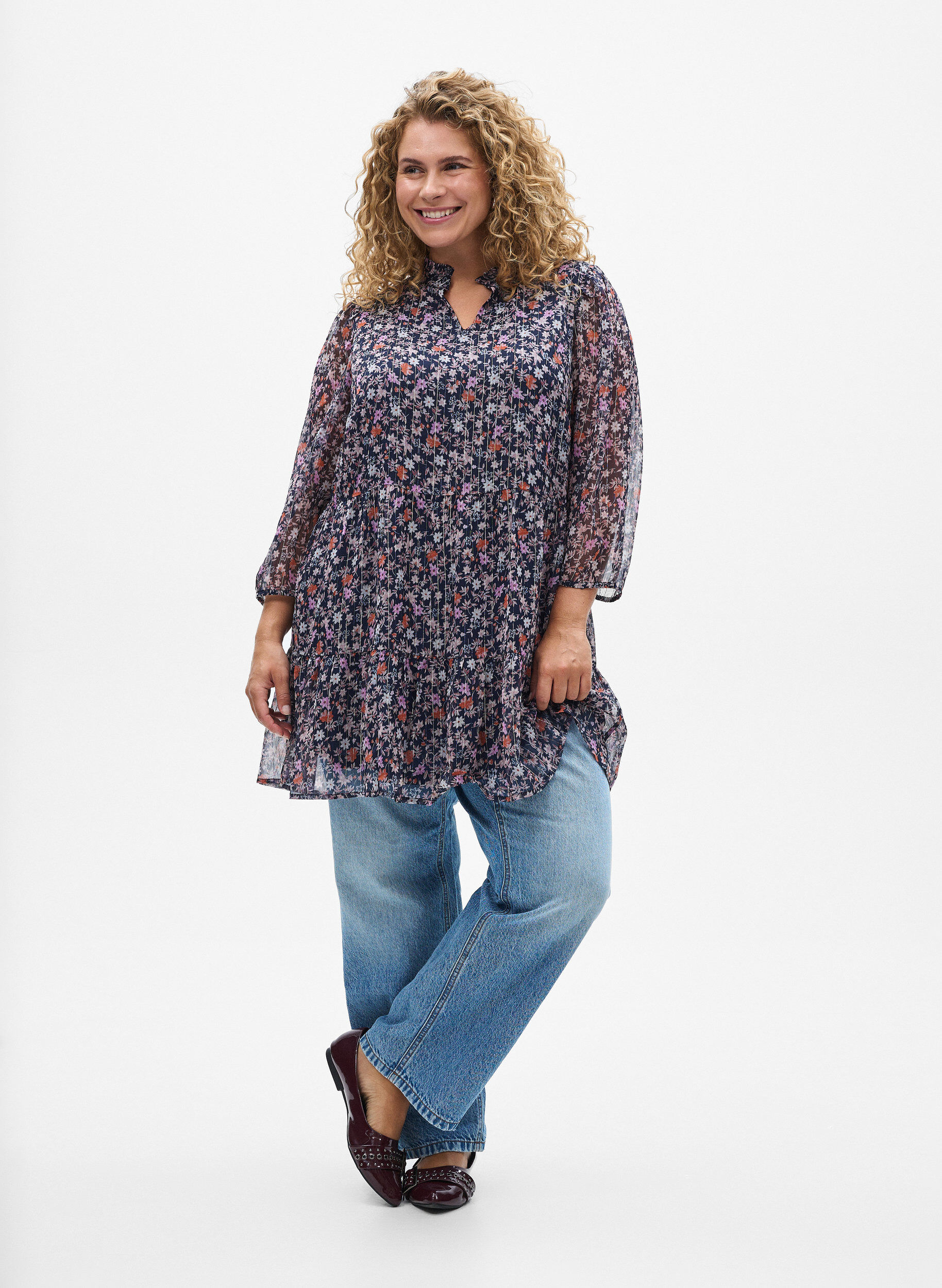 Zizzifashion Tunic with floral print and glitter threads, Blue, Model image number 1