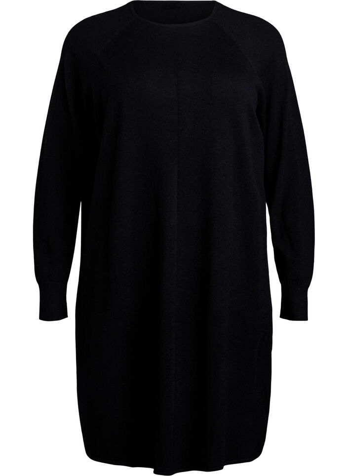 Knitted dress with a round neck and knitted pattern, Black, Packshot image number 0