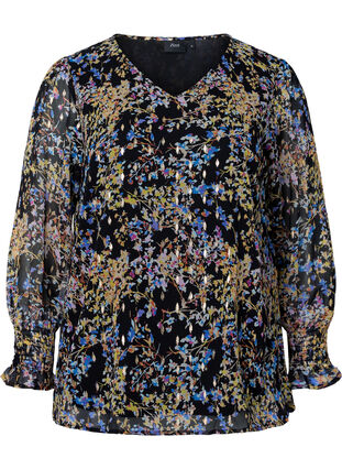 Floral blouse with long sleeves and v neck, Black/Vibrant Flower, Packshot image number 0