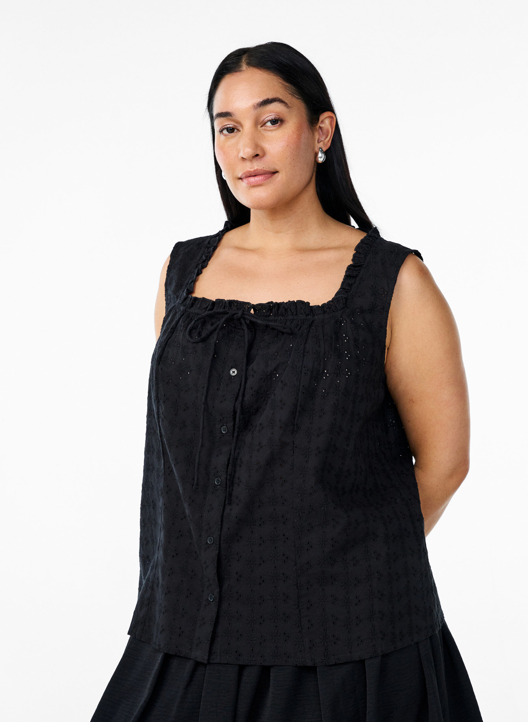 Sleeveless blouse with broderie anglaise and ruffles, Black, Model