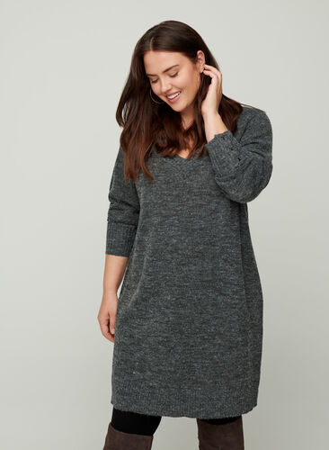 Marled knitted dress with a V-neckline, Dark Grey Melange, Model image number 0