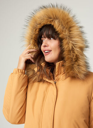 Jacket with a fake fur collar and drawstring waist, Spruce Yellow, Model image number 2