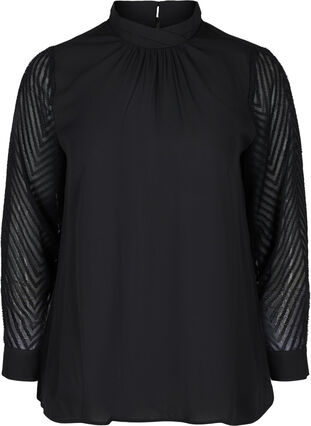 High-neck blouse with long, sheer sleeves, Black, Packshot image number 0