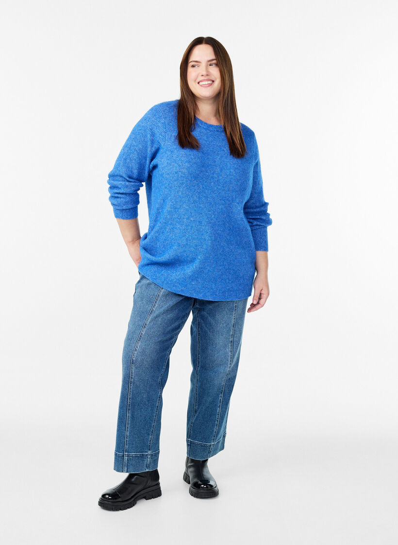 Melange knit blouse with round neck, Blue, Model image number 1