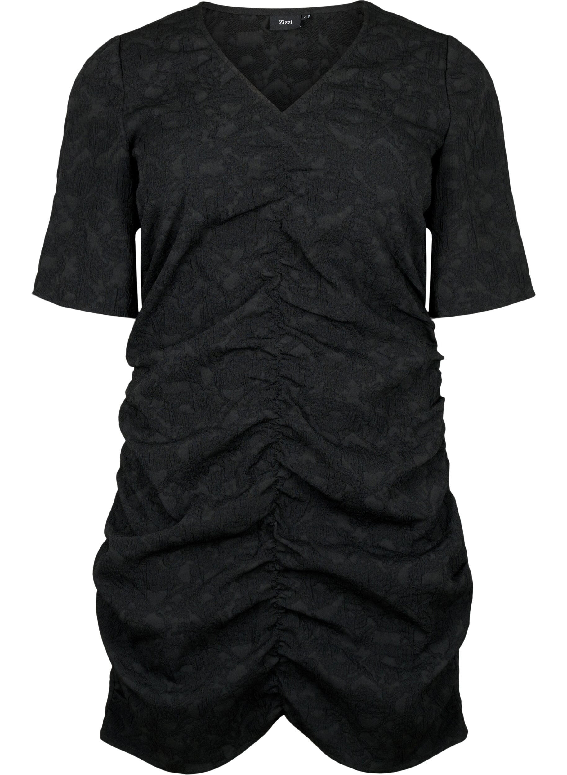 Zizzifashion Short-sleeved dress with textured fabric and drapes, Black, Packshot image number 0