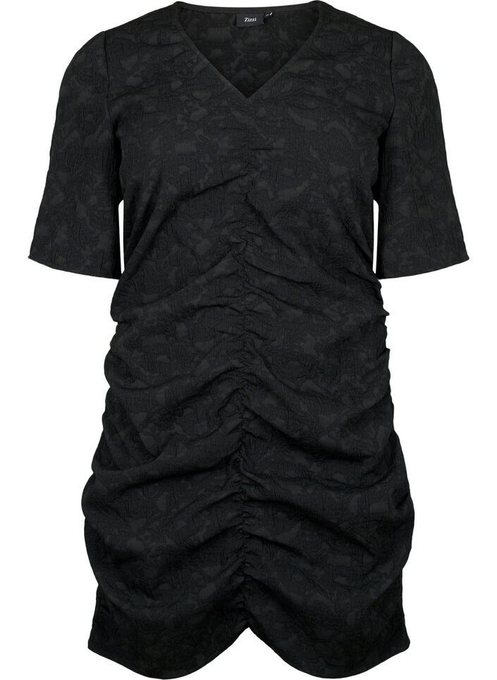 Short-sleeved dress with textured fabric and drapes, Black, Packshot image number 0