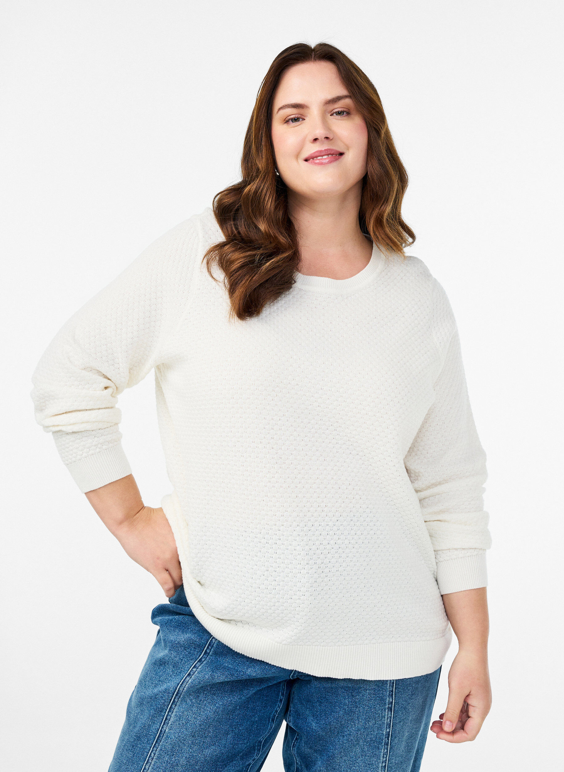 Knit blouse in cotton with textured pattern, Vanilla, Model