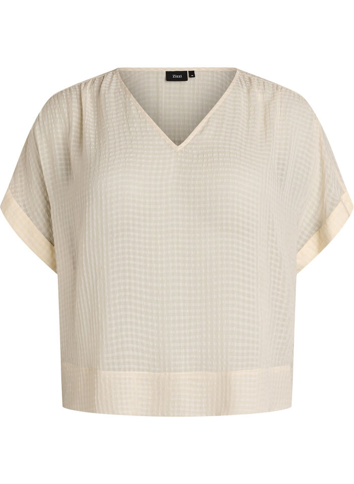 Seersucker blouse with V-neck, Beige, Packshot image number 0