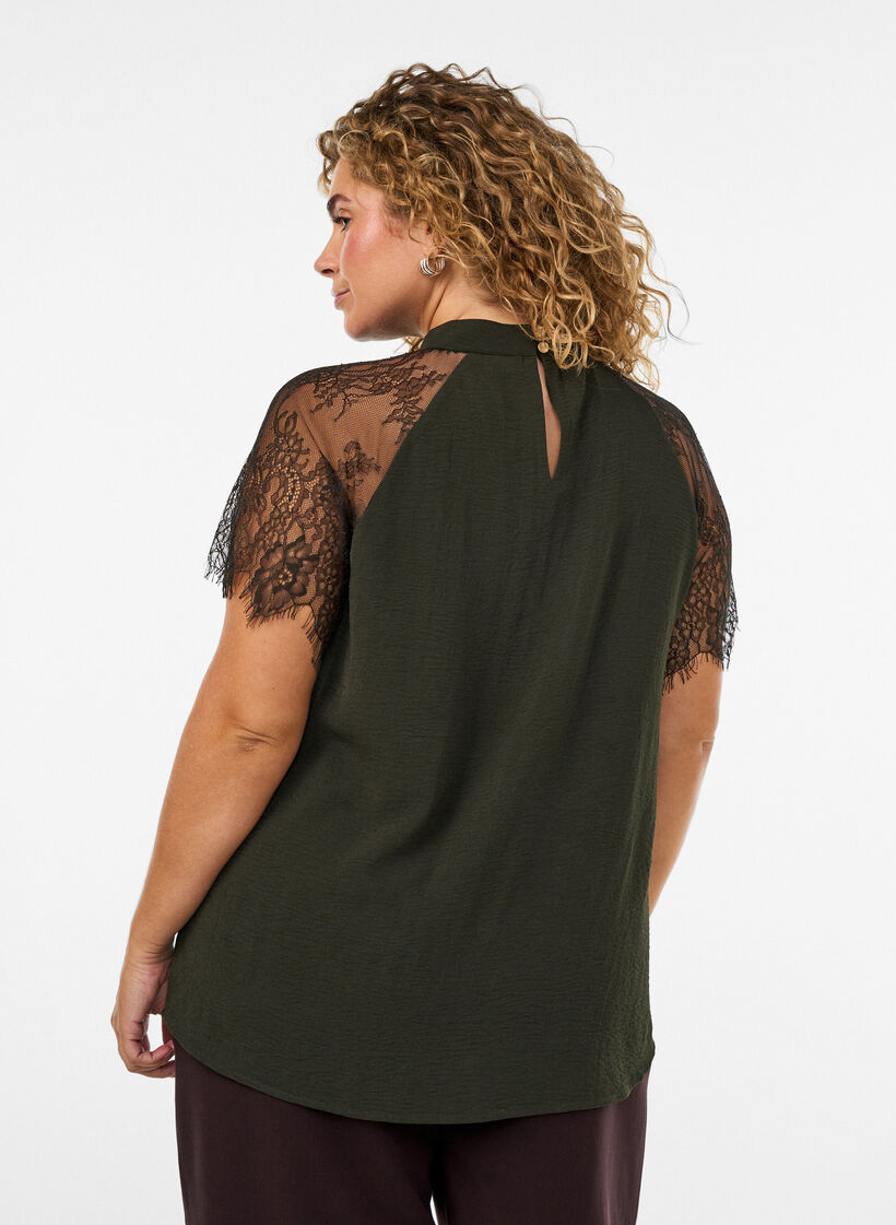 Blouse with short lace sleeves and high neck, Green, Model image number 2