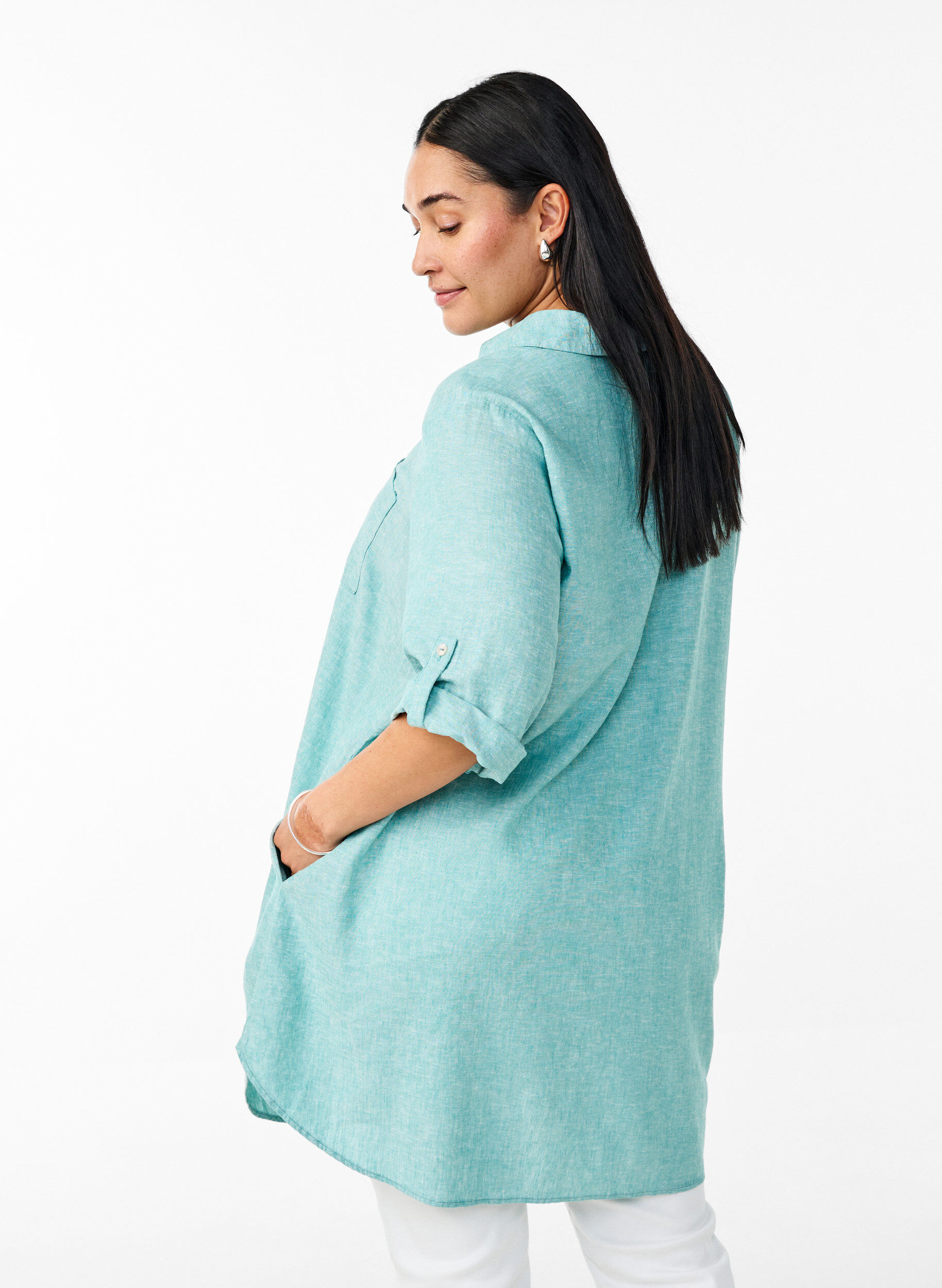 Zizzifashion Linen and viscose tunic with A-shape, Blue, Model image number 2