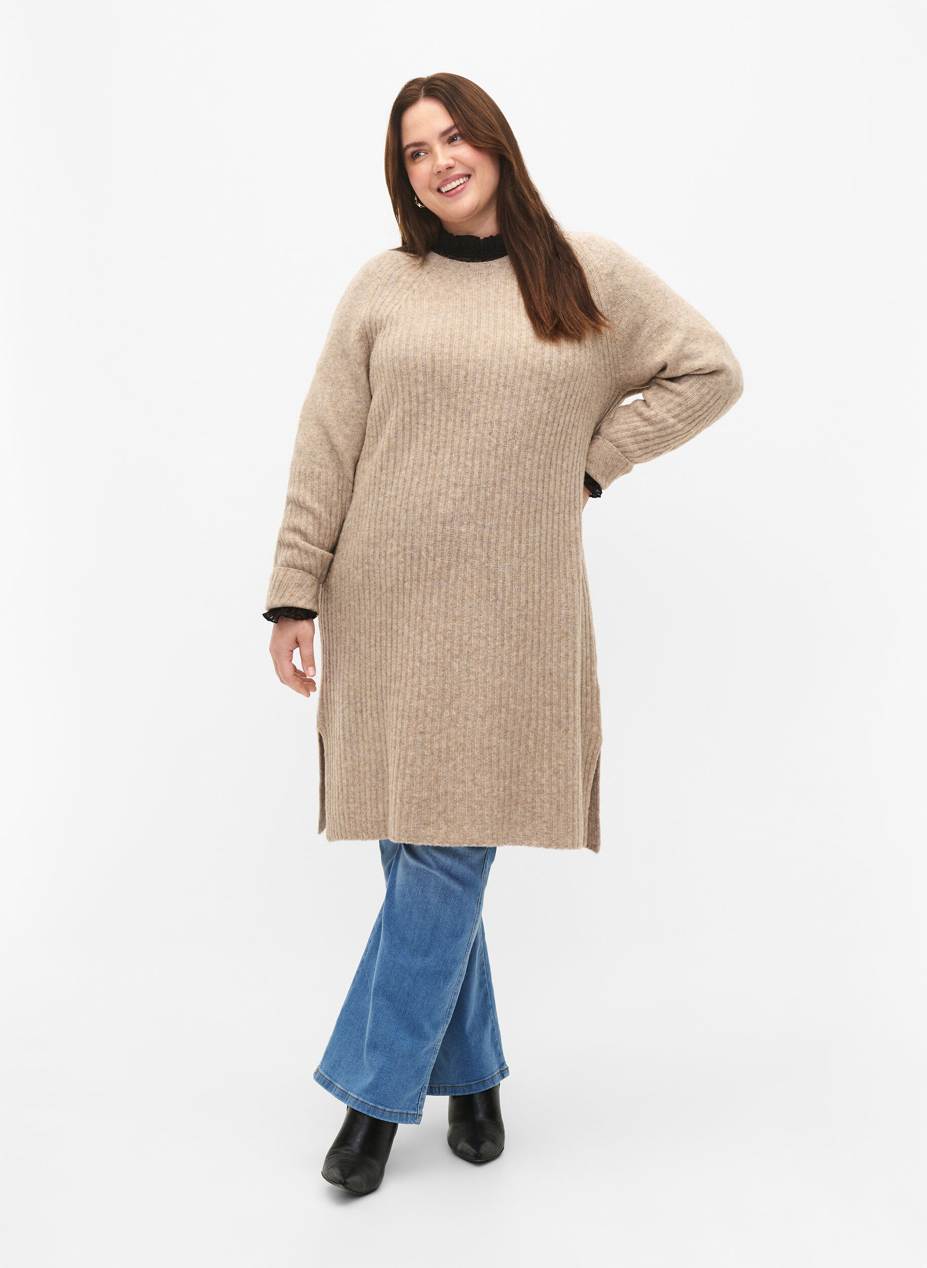 Zizzifashion Rib-knit dress with slit, Simply Taupe Mel., Model image number 2