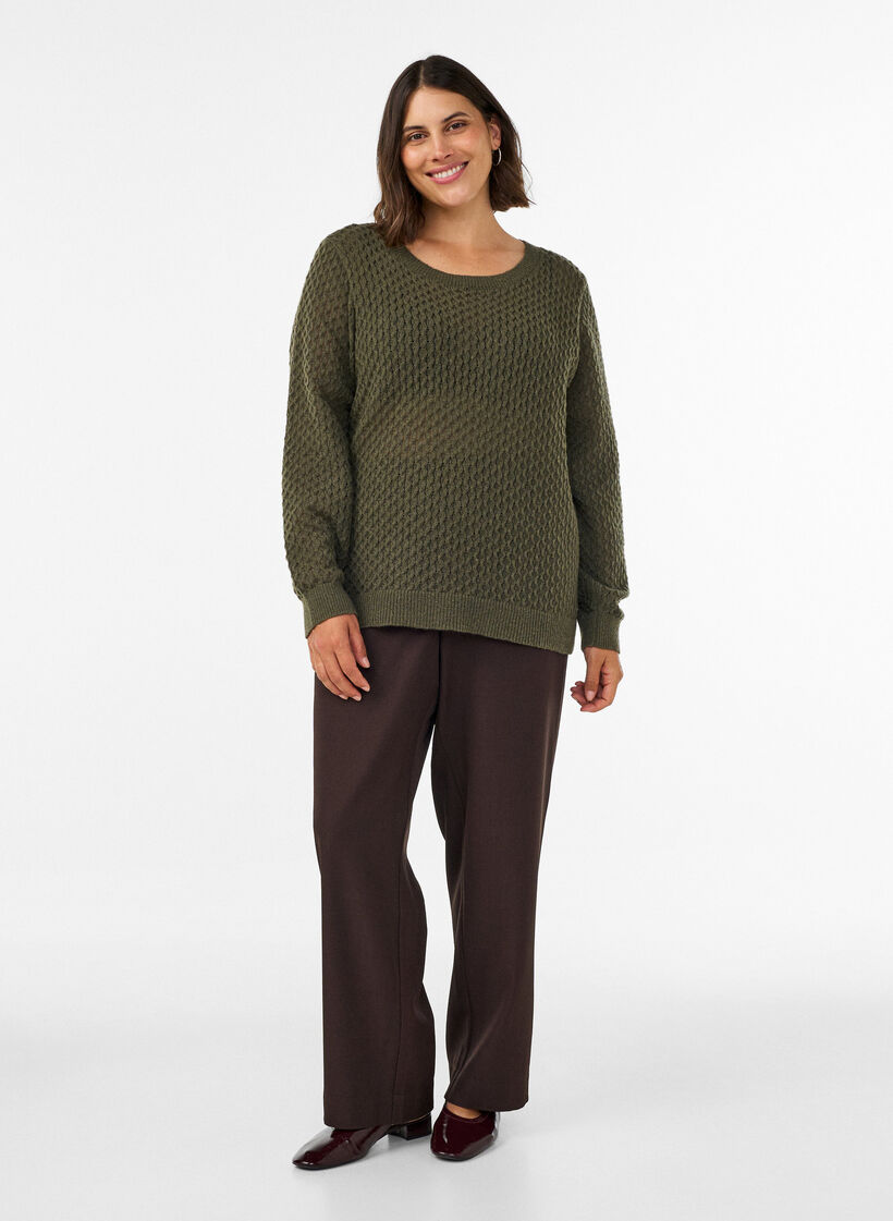 Knitted blouse with a textured openwork pattern, Green, Model image number 1