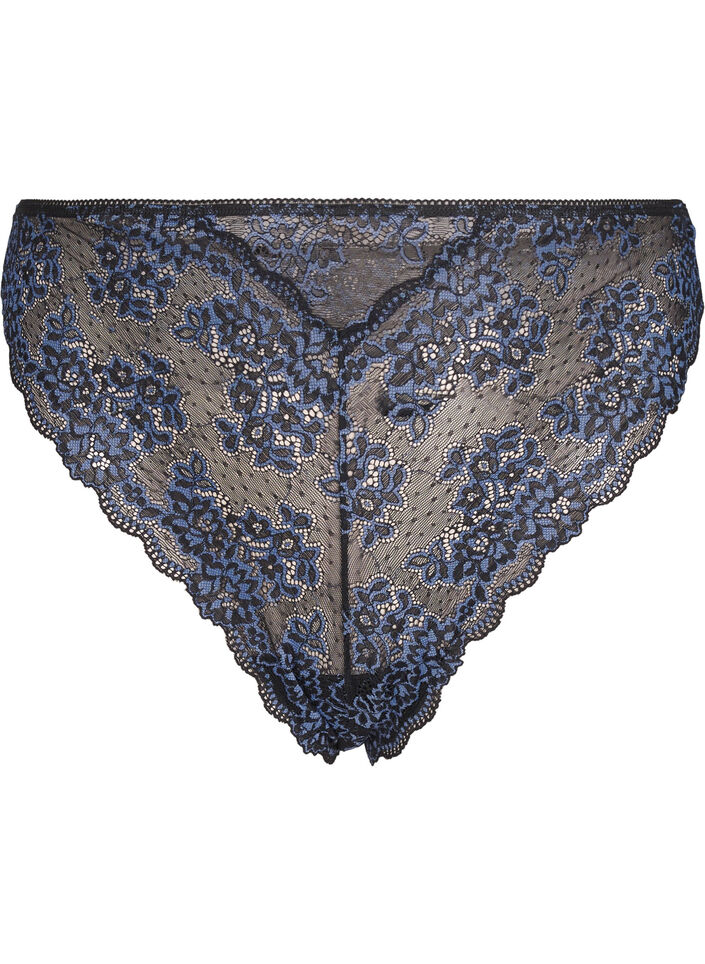 G-string with contrast-coloured lace, Black w Blue , Packshot image number 0