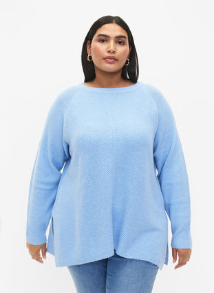 Melange pullover with side slit, Blue Bell/White Mel., Model image number 0