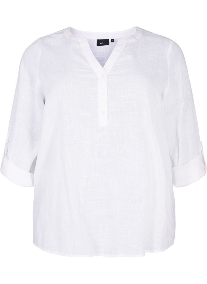 Shirt blouse in cotton with a v-neck, Bright White, Packshot image number 0