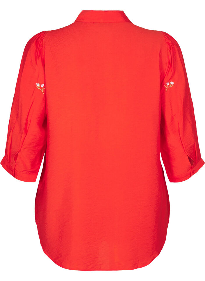 Blouse with 3/4 sleeves and floral embroidery, Flame Scarlet, Packshot image number 1