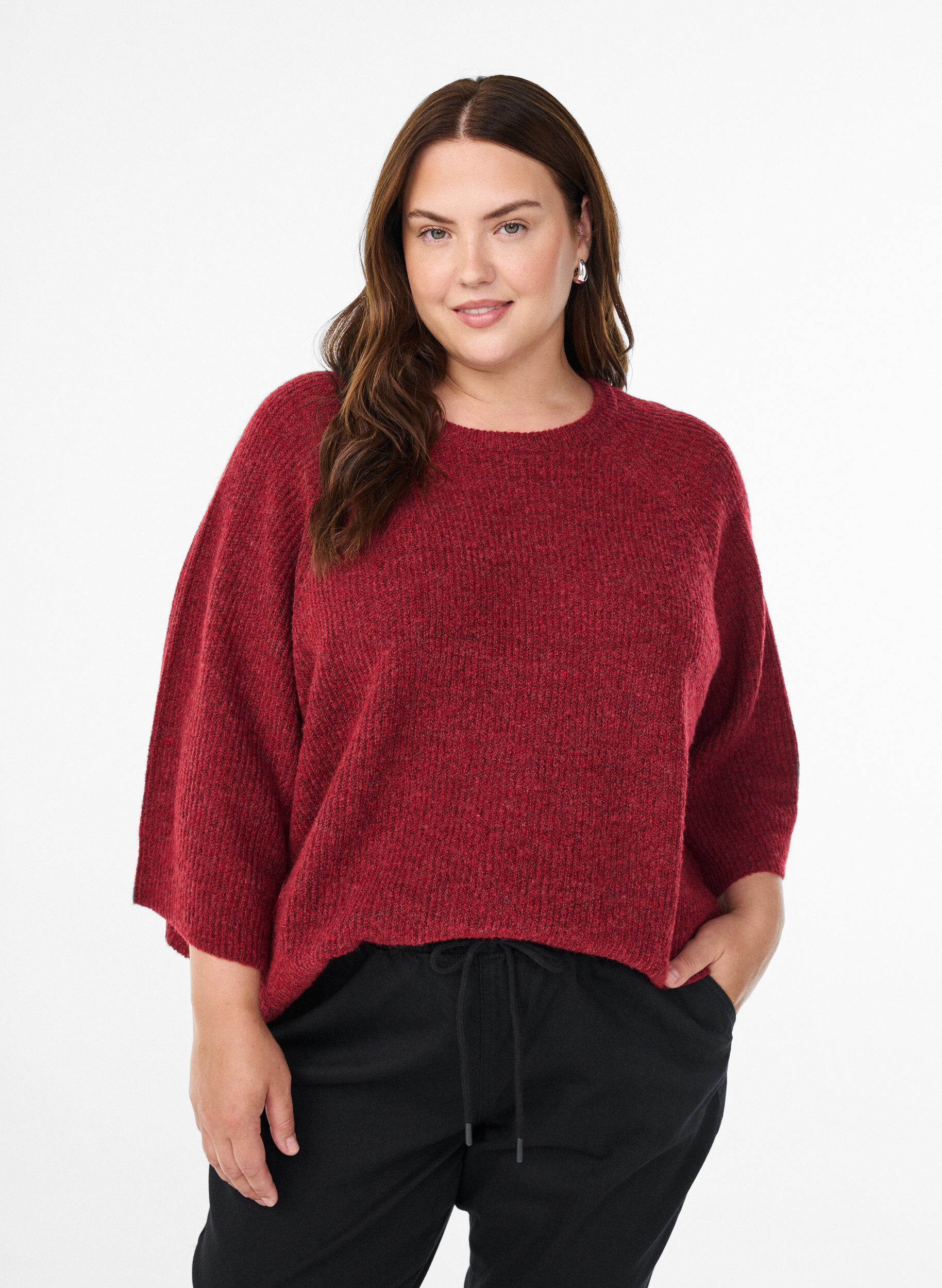 ZizzifashionRibbed jumper with 3/4 sleeves, Red, Model image number 0