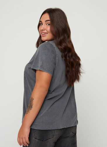 Cotton t-shirt with studs and smocking, Grey Wash, Model image number 1