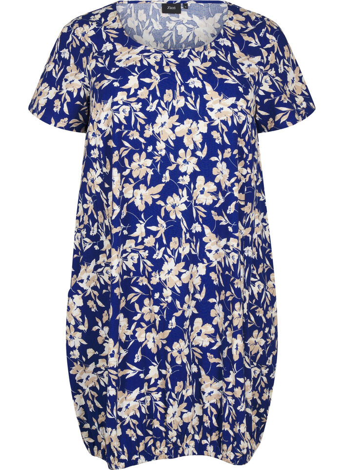 Short-sleeved cotton dress with floral print, Blue, Packshot image number 0