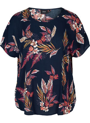 Short-sleeved viscose blouse with a floral print, Indian Summer Flower, Packshot image number 0